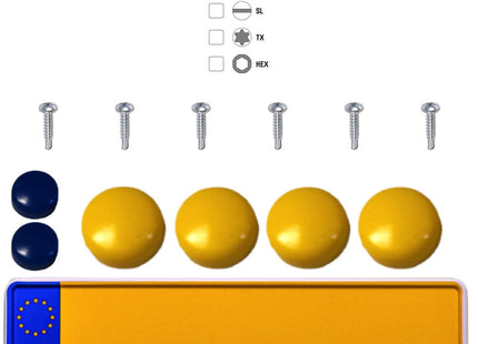 Kentekenplaat schroeven met dop | Geel & Blauw | 6 stuks