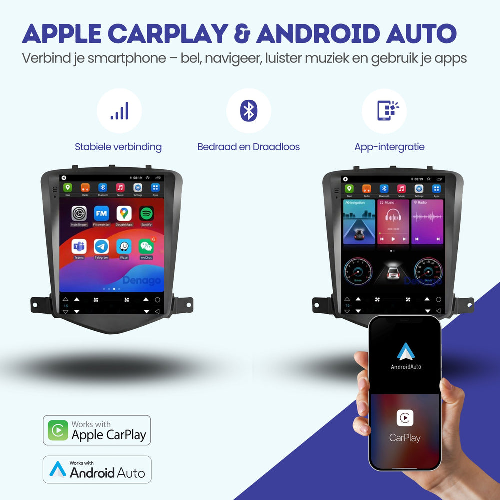 Chevrolet Cruze CarPlay autorradio | 2009–2015 | Denago DNG-A534 | 9.7 pulgadas estilo Tesla | Android 16 | CarPlay inalámbrico y Android Auto