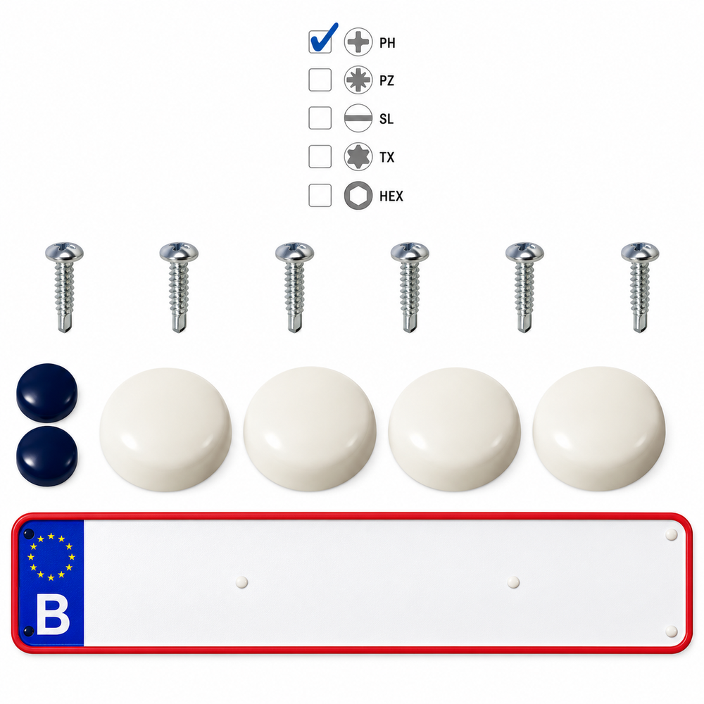 Kentekenplaat schroeven set met 6 zelftappende schroeven, 4 witte en 2 blauwe afdekdopjes