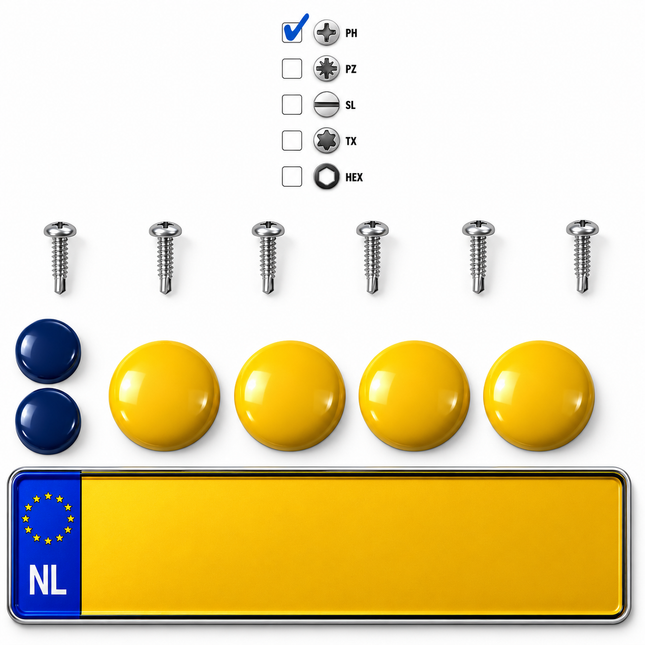 Kentekenplaat schroeven set met 6 zelftappende schroeven, 4 gele en 2 blauwe afdekdopjes