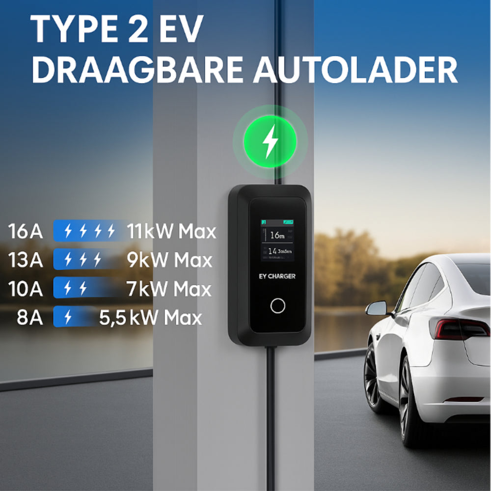 EV Charging Cable Type 2 – 3.5kW | 5M | For Home | Camping Portable EV Home Charger Type 2 | 3.5 kW | Waterproof IP67 | 5m TPU Cable | 1-Phase | Adjustable Charging Current (8A/10A/13A/16A) | Timer Function &  Delayed start | With storage bag | Travel