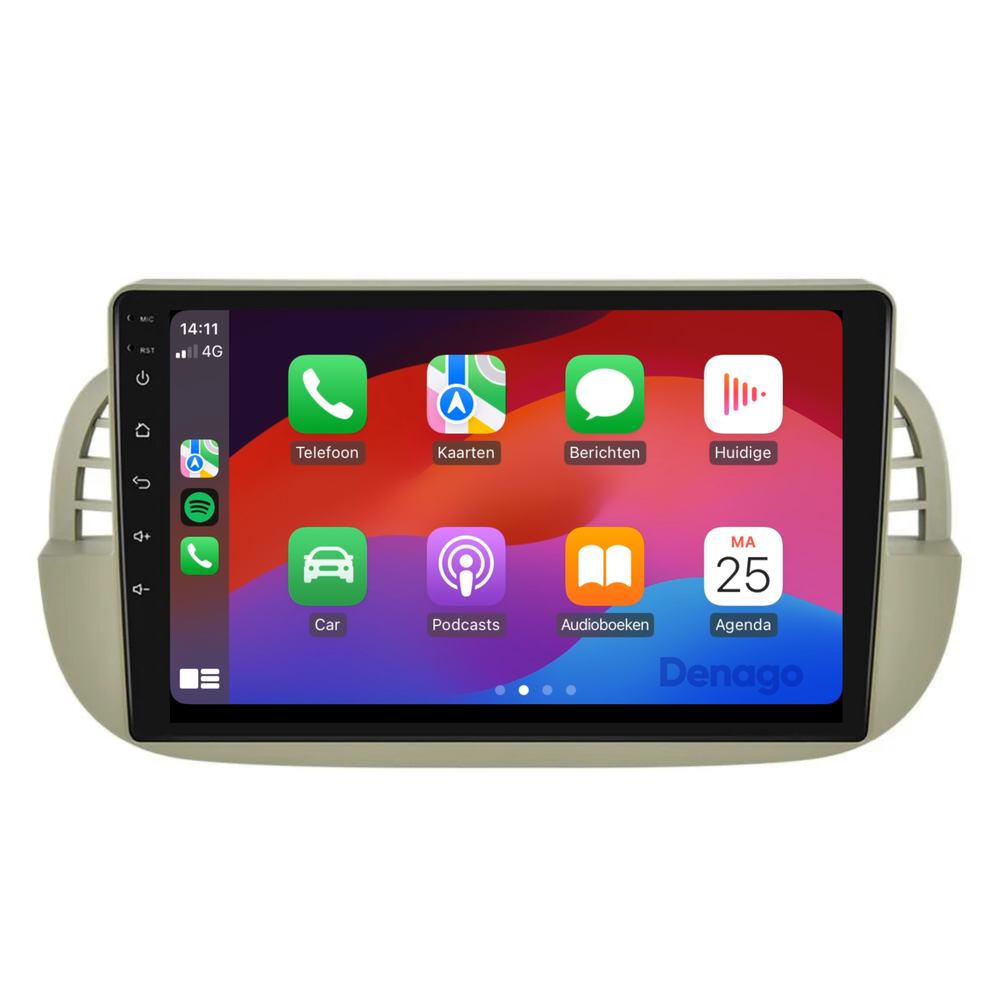 Fiat 500 CarPlay autoradio Beige | 2007 t/m 2015 | Denago DNG-A54 | 9 inch | Android 13 | Draadloos CarPlay & Android Auto