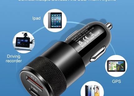 Chargeur de voiture compact 20 W | Chargeur rapide | Alimentation USB-C & Charge rapide USB 3.0