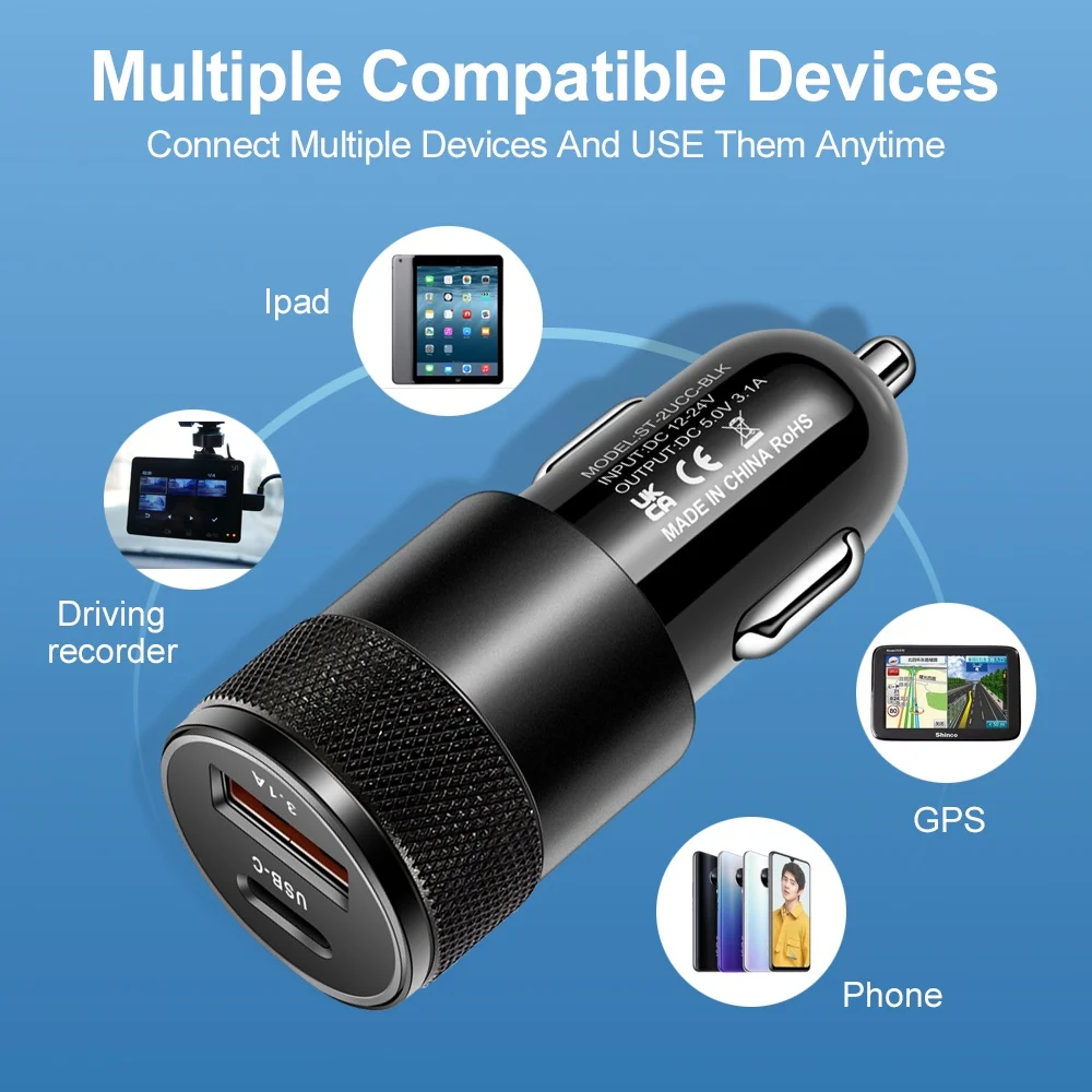 Cargador de coche compacto de 20 W | Cargador rápido | Entrega de energía USB-C y carga rápida USB 3.0