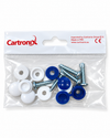 Cartronix kentekenplaat schroeven met witte en blauwe afdekdopjes in verpakking