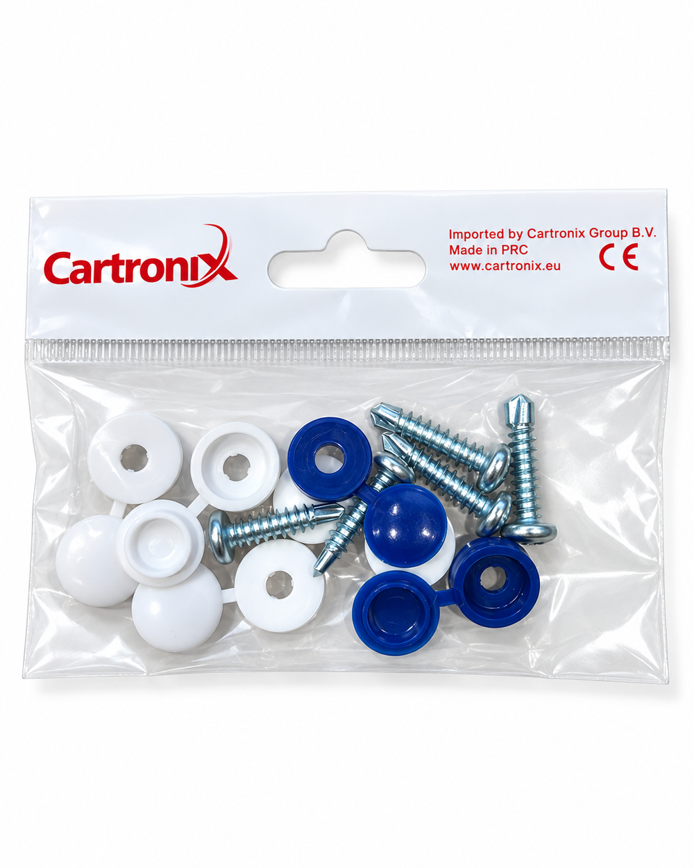 Cartronix kentekenplaat schroeven met witte en blauwe afdekdopjes in verpakking