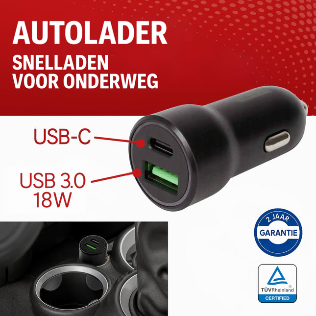 Compacte 20W Autolader | Snellader | USB-C Power Delivery & USB 3.0 Quick Charge