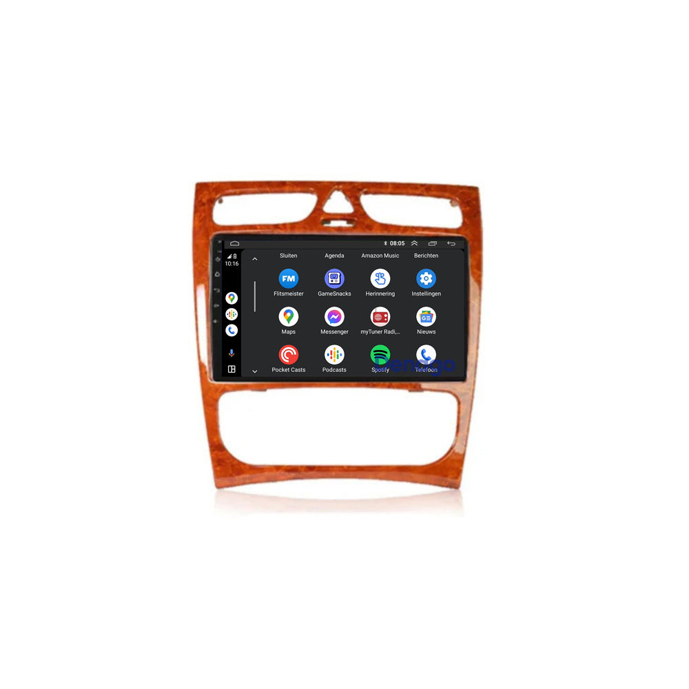 Mercedes Clase C W203 Radio de coche CarPlay | 2000 a 2004 | Denago DNG-A203 | 9 pulgadas | Androide 13 | CarPlay inalámbrico y Android Auto | Marco color madera