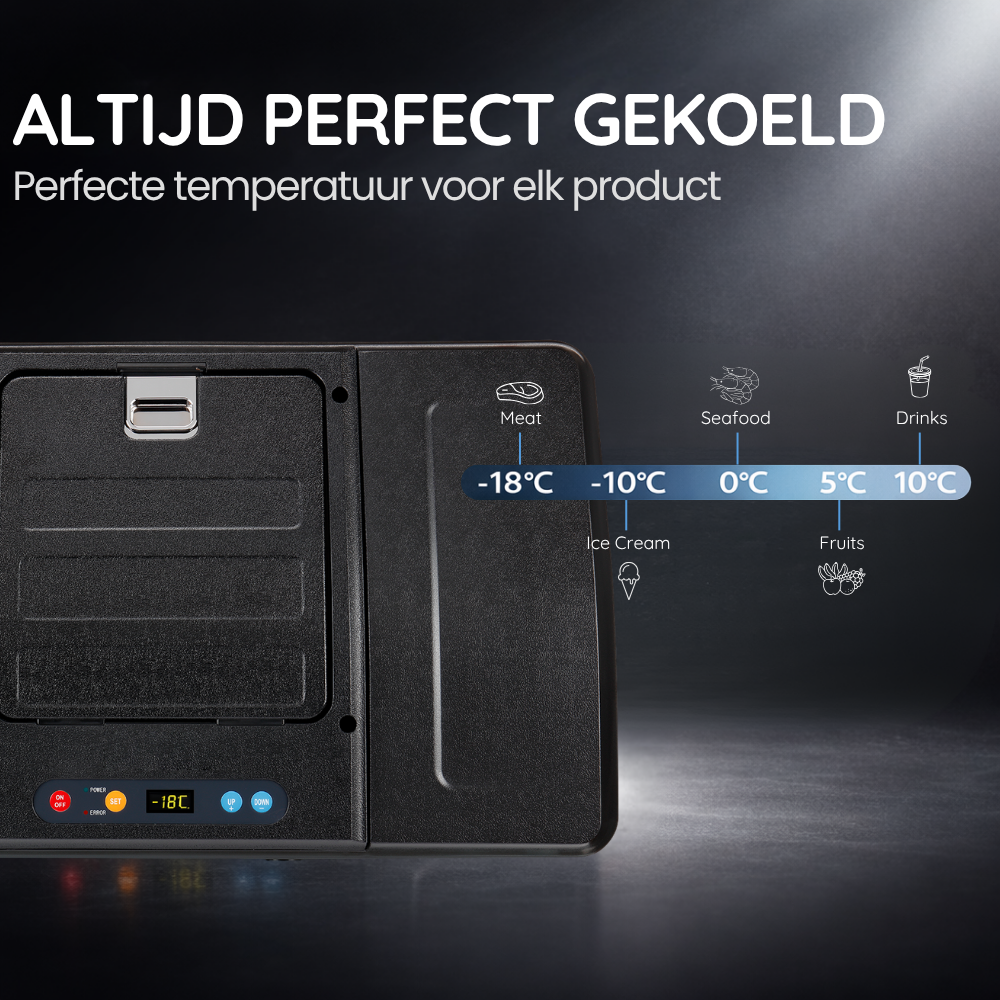 Davilon PolarX Pro autokoelbox – Koelt van 10°C tot -18°C – 12V Compressor Koelbox – Gebruik via Armleuning Achterbank