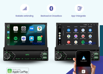 Universeel 1 DIN | Klapscherm 7 inch | Draadloos CarPlay & Android Auto | Autoradio