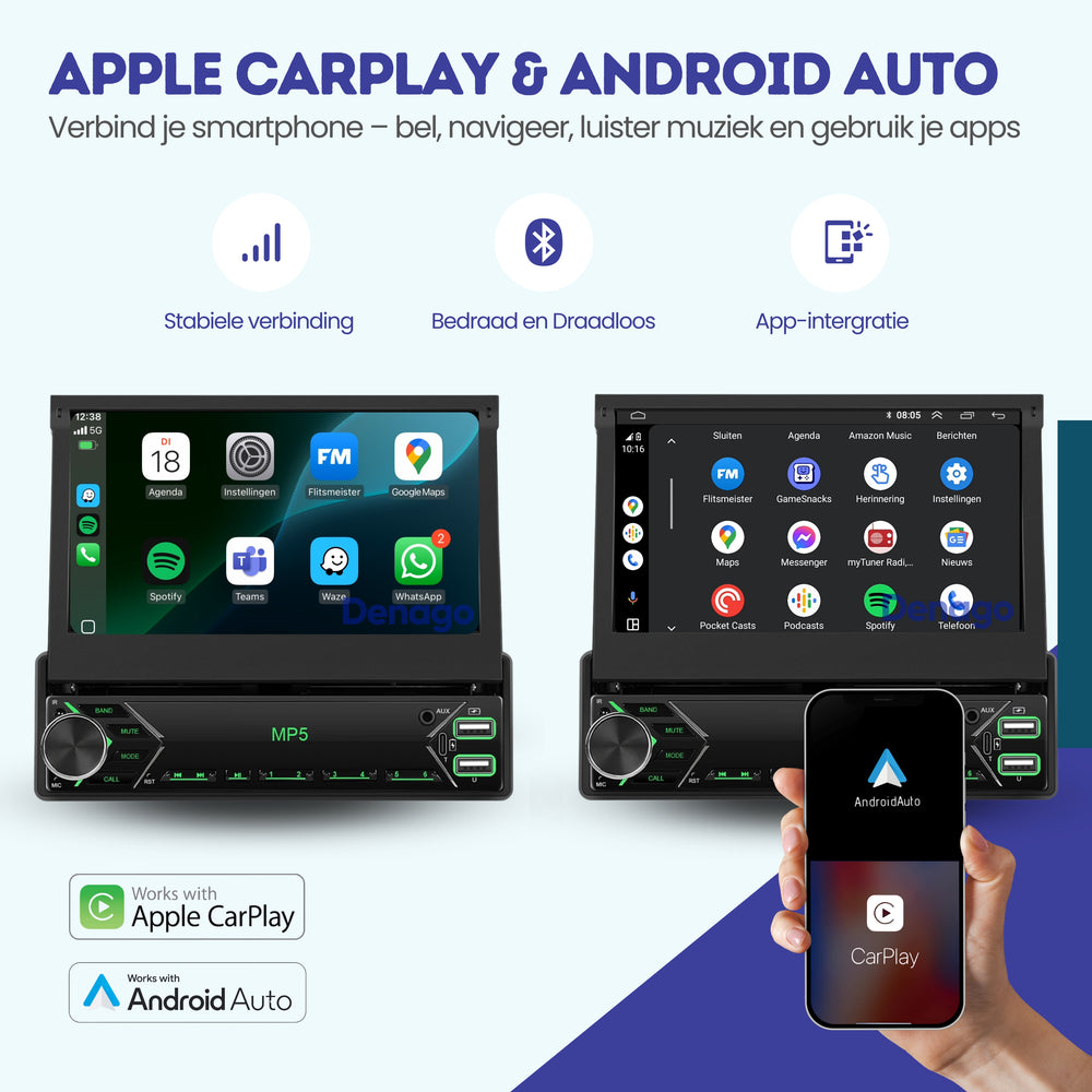 Universeel 1 DIN | Klapscherm 7 inch | Draadloos CarPlay & Android Auto | Autoradio