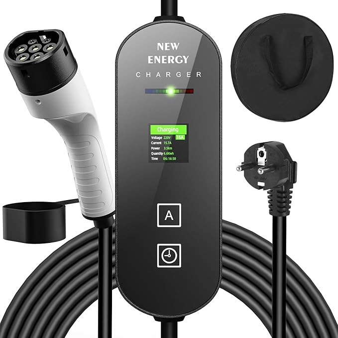 Portable EV Home Charger Type 2 | 3.6 kW | 5m Cable | Schuko Plug | Adjustable Charging Current (8A/10A/13A/16A) | LCD Display | 1-Phase | Water Resistant | Includes Storage Bag | For Electric Cars