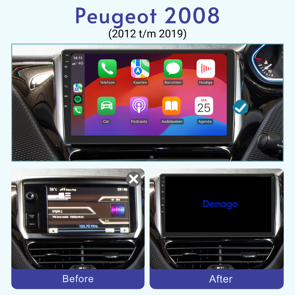 Peugeot 208 & 2008 CarPlay car radio | 2012 to 2019 | Denago DNG-A50 | 9 inches | Android 13 | Wireless CarPlay & Android Auto