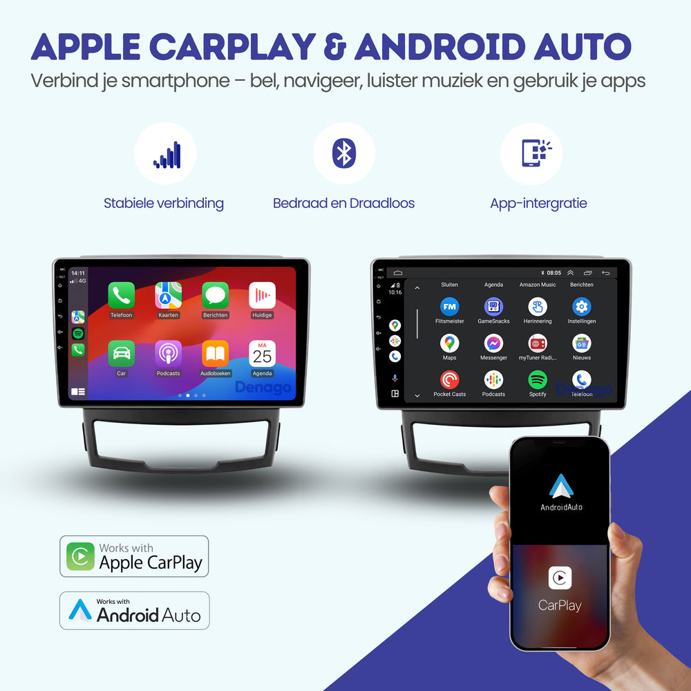 SsangYong Korando CarPlay autoradio | 2011 t/m 2014 | Denago DNG-A253 | 9 inch | Android 13 | Draadloos CarPlay & Android Auto