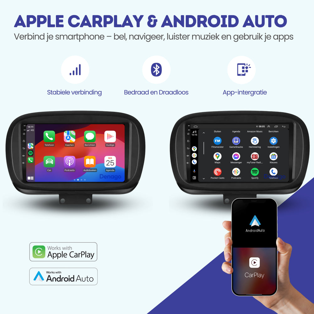 Radio de coche Fiat 500X CarPlay | 2014 a 2023 | Denago DNG-A147 | 9 pulgadas | Androide 13 | CarPlay inalámbrico y Android Auto