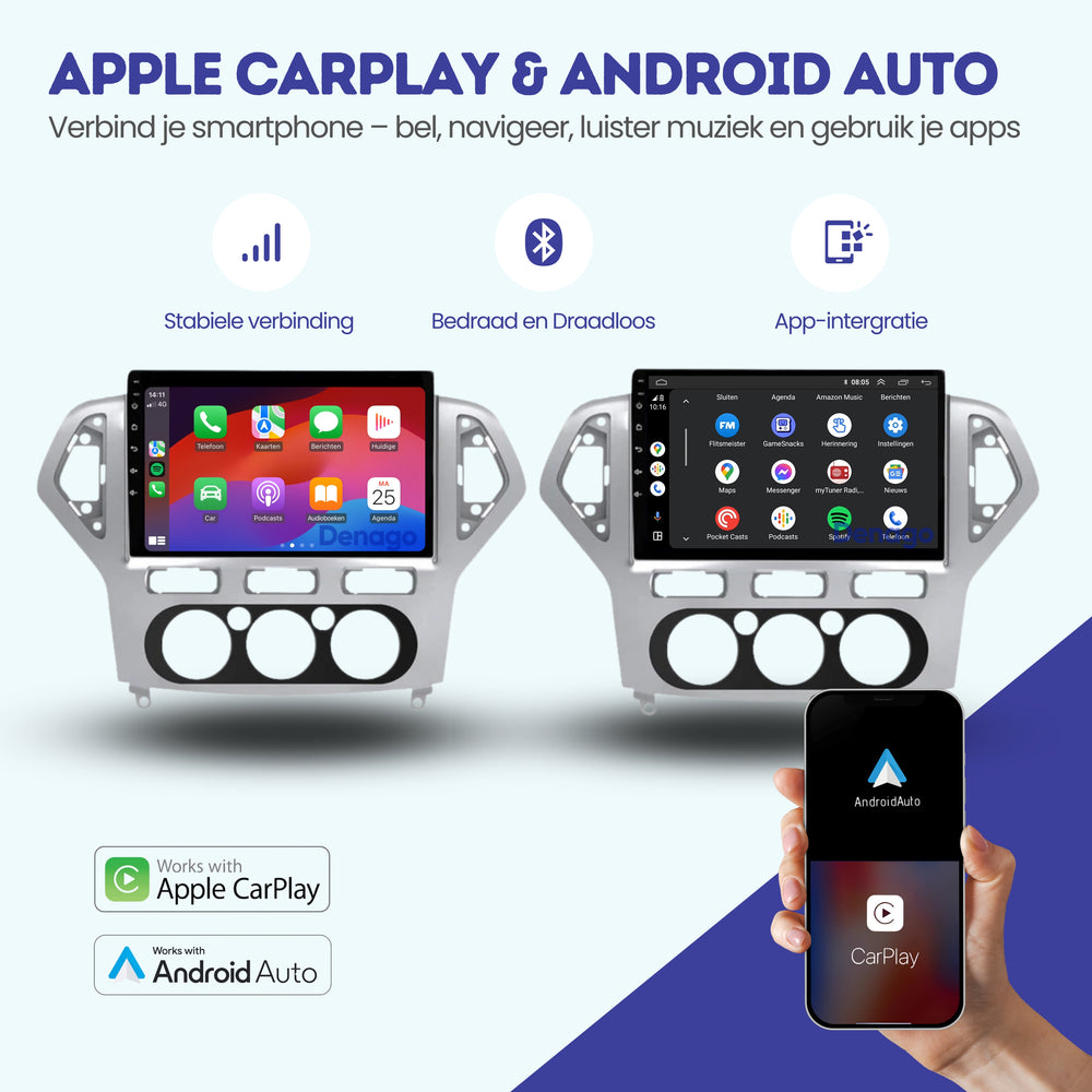 Ford Mondeo CarPlay car radio | 2003 to 2014 | Denago DNG-A204 | 9 inches | Android 13 | Wireless CarPlay & Android Auto | Silver colored frame