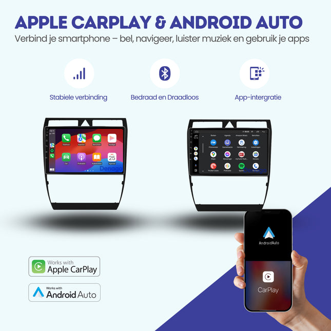 Audi A6 | S6 | RS6 | Allroad | CarPlay autoradio | 1999 t/m 2004 | Denago DNG-A196 | 9 inch | Android 13 | Draadloos CarPlay & Android Auto