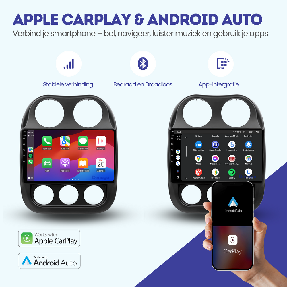 Jeep Compass CarPlay autoradio | 2010 t/m 2016 | Denago DNG-A37 | 9 inch | Android 13 | Draadloos CarPlay & Android Auto