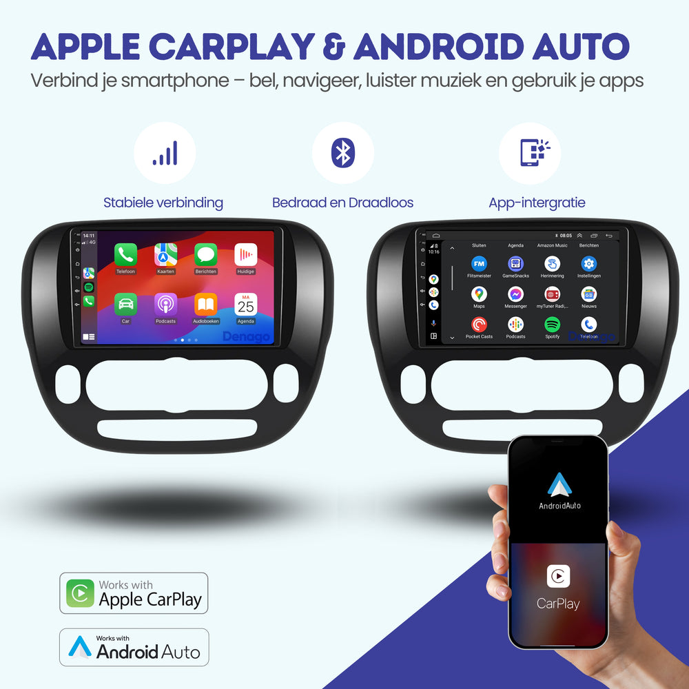 Autoradio Kia Soul compatible CarPlay | 2014 à 2018 | Denago DNG-A198 | Écran 9 pouces | Android 13 | CarPlay sans fil & Android Auto