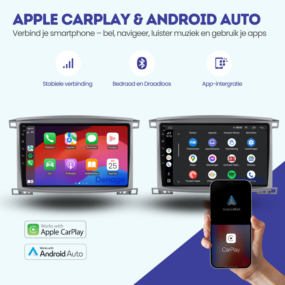 Radio para coche Toyota Land Cruiser 100 CarPlay | 2005 a 2007 | Denago DNG-A310 | 10 pulgadas | Androide 13 | CarPlay inalámbrico y Android Auto | Marco gris