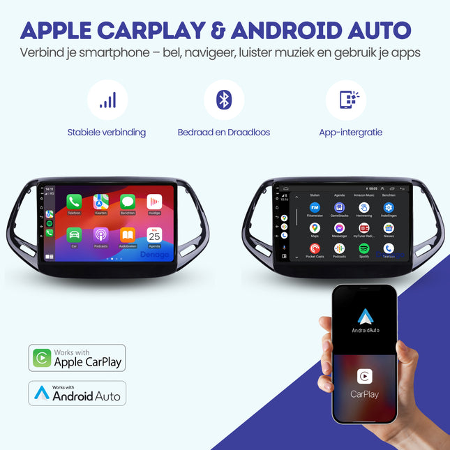Jeep Compass CarPlay autoradio | 2017 t/m 2020 | Denago DNG-A122 | 9 inch | Android 13 | Draadloos CarPlay & Android Auto