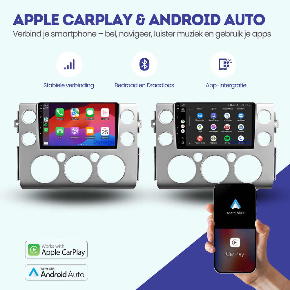Toyota FJ Cruiser CarPlay car radio | 2006 to 2017 | Denago DNG-A313 | 9 inches | Android 13 | Wireless CarPlay & Android Auto | Silver frame