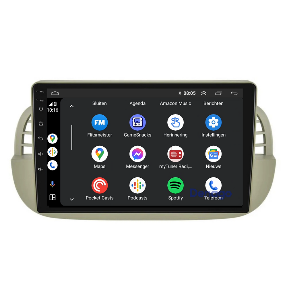 Fiat 500 CarPlay autoradio Beige | 2007 t/m 2015 | Denago DNG-A54 | 9 inch | Android 13 | Draadloos CarPlay & Android Auto