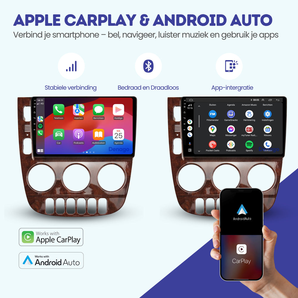 Radio para coche Mercedes ML CarPlay | 1999 a 2004 | Denago DNG-A104 | 9 pulgadas | Androide 13 | CarPlay inalámbrico y Android Auto | Marco color madera