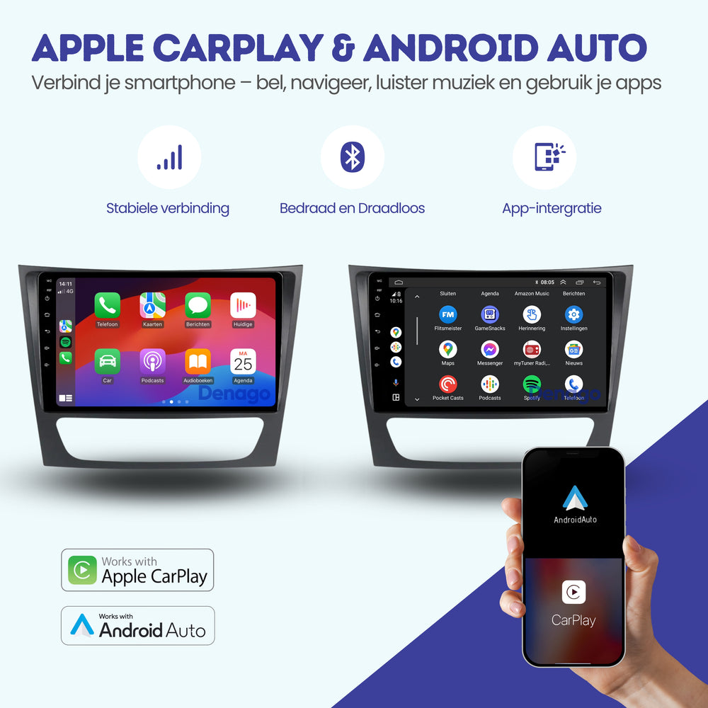 Radio de coche CarPlay adecuada para Mercedes Clase E W211, CLS W219 y Clase G W463 | 2002 a 2010 | Androide 13 | Apple CarPlay inalámbrico y Android Auto | 2GB + 32GB | Procesador de cuatro núcleos | Denago DNG-A188 | Modelo 2025 | Bluetooth y Wi-Fi