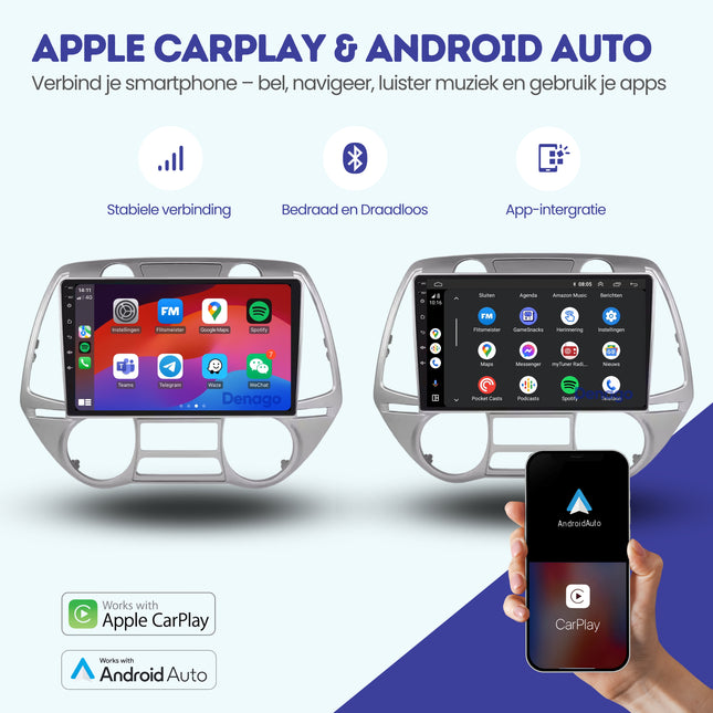 Hyundai i20 CarPlay autoradio | 2008 t/m 2014 | Denago DNG-A336 | 9 inch | Android 13 | Draadloos CarPlay & Android Auto