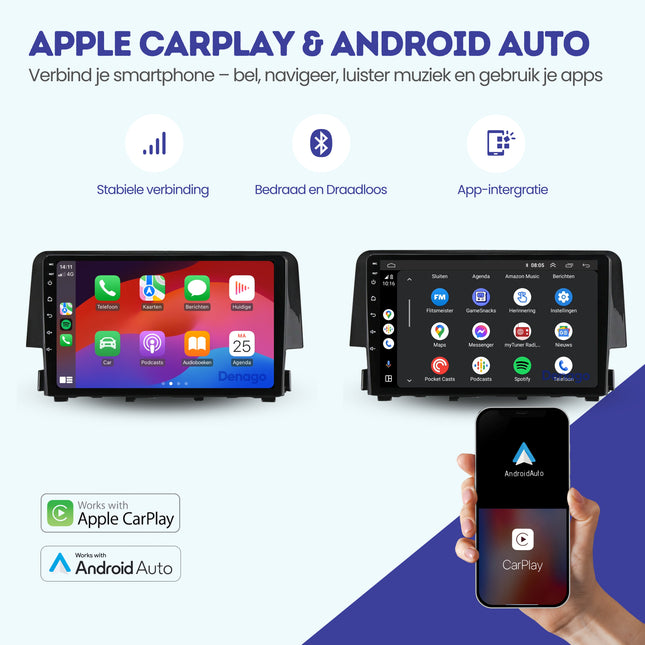 Honda Civic CarPlay autoradio | 2016 t/m 2021 | Denago DNG-A114 | 9 inch | Android 13 | Draadloos CarPlay & Android Auto