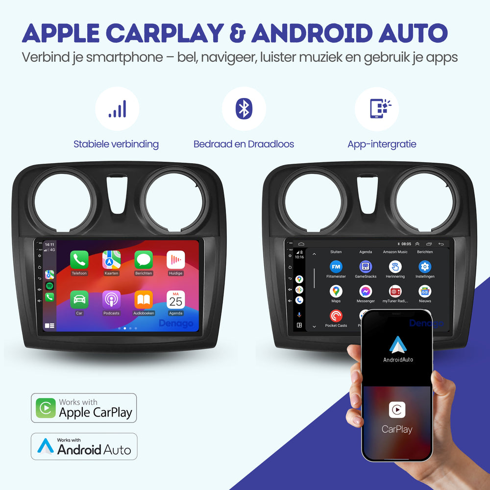 Radio de coche Dacia Sandero CarPlay | 2013 a 2020 | Denago DNG-A153 | 9 pulgadas | Androide 13 | CarPlay inalámbrico y Android Auto