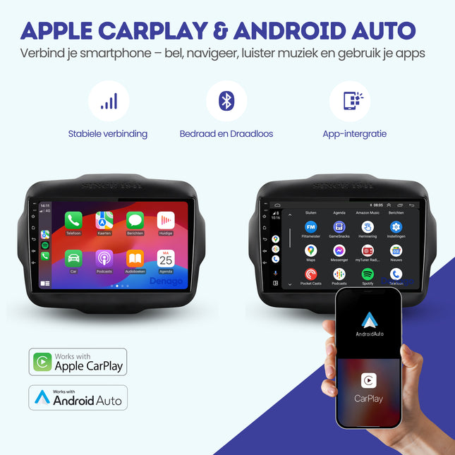 Jeep Renegade CarPlay autoradio | 2014 t/m 2023 | Denago DNG-A123 | 9 inch | Android 13 | Draadloos CarPlay & Android Auto
