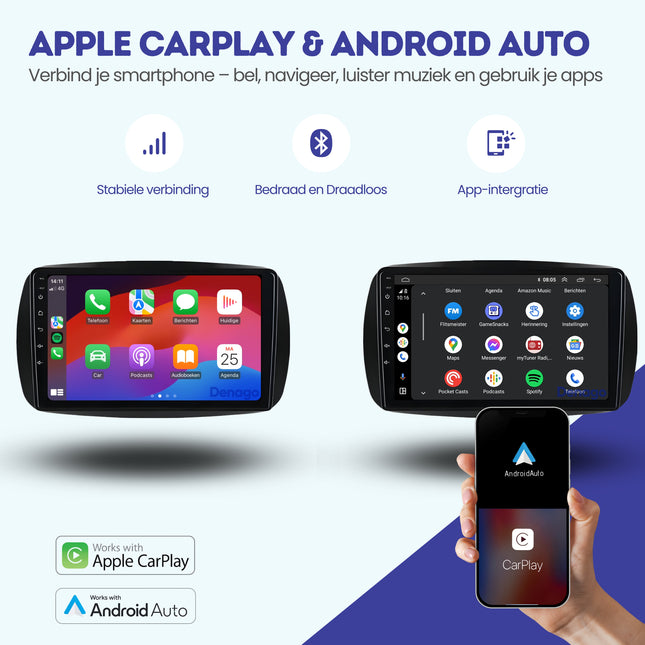 Smart Fortwo & Forfour CarPlay car radio | 2015 to 2019 | Denago DNG-A197 | 9 inches | Android 13 | Wireless CarPlay & Android Auto