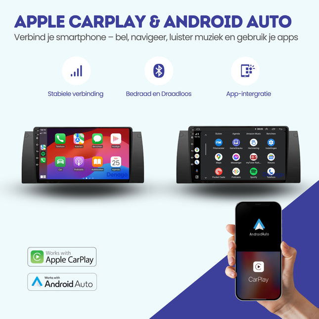 BMW X5 CarPlay autoradio | 1999 t/m 2005 | Denago DNG-A301 | 9 inch | Android 13 | Draadloos CarPlay & Android Auto