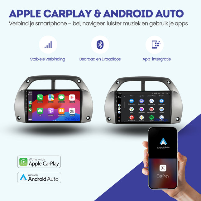 Toyota RAV4 CarPlay autoradio | 2001 t/m 2006 | Denago DNG-A206 | 9 inch | Android 13 | Draadloos CarPlay & Android Auto | Grijs frame