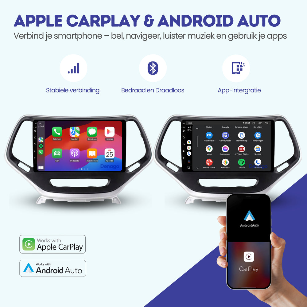 Jeep Cherokee CarPlay car radio | 2014 to 2018 | Denago DNG-A119 | 9 inches | Android 13 | Wireless CarPlay & Android Auto
