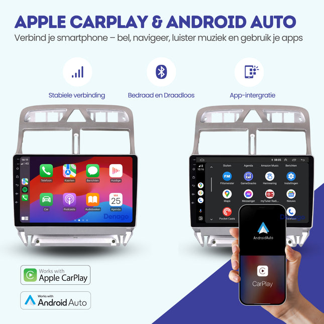 Peugeot 307 CarPlay autoradio | 2001 t/m 2013 | Denago DNG-A162 | 9 inch | Android 13 | Draadloos CarPlay & Android Auto