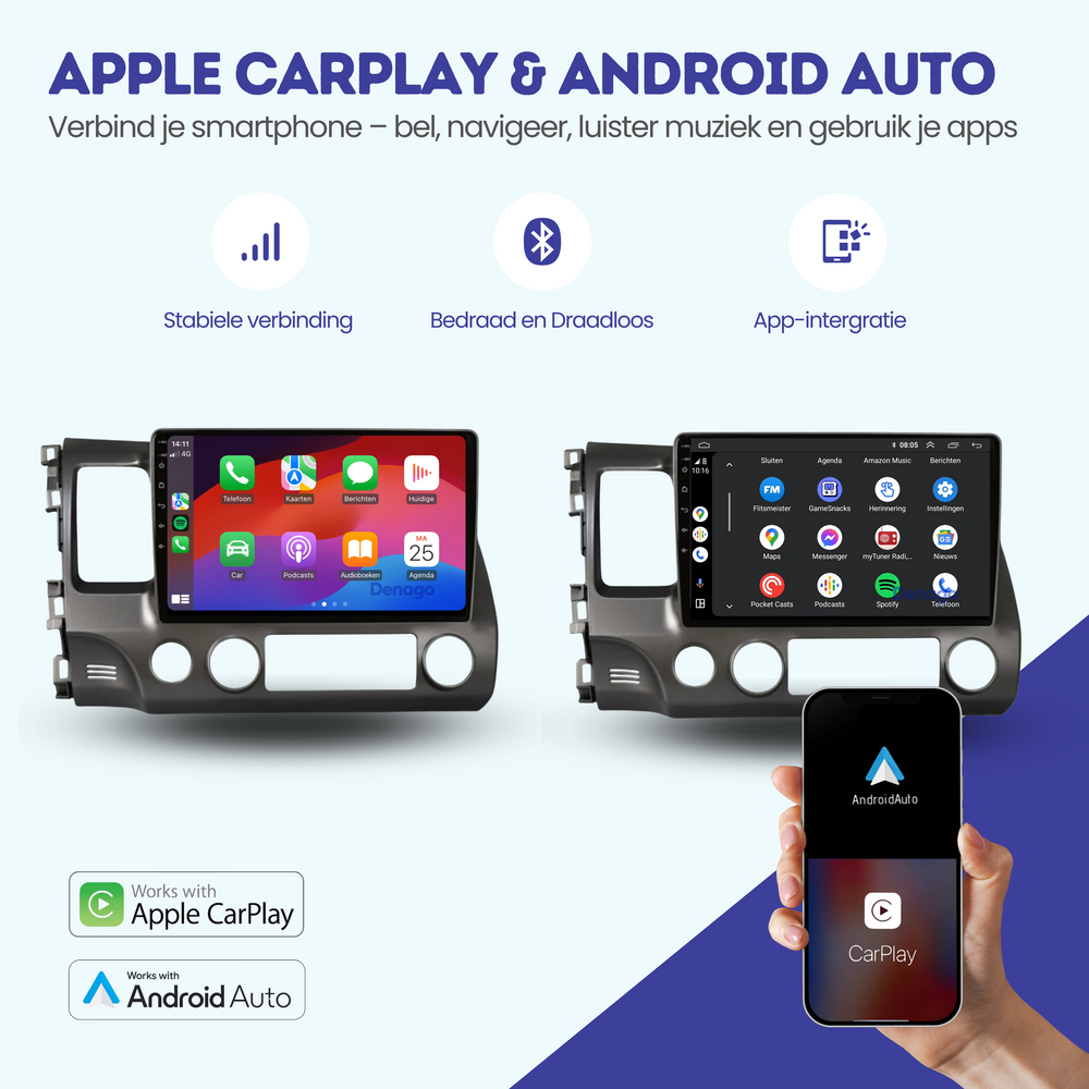 Radio para coche Honda Civic CarPlay | 2007 a 2011 | Denago DNG-A51 | 10 pulgadas | Androide 13 | CarPlay inalámbrico y Android Auto