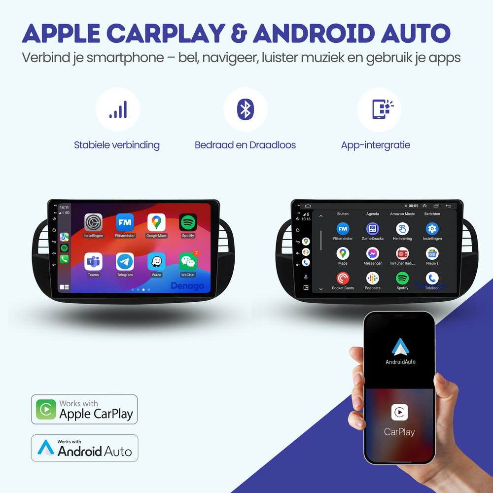 Fiat 500 CarPlay autoradio | 2007 t/m 2015 | Denago DNG-A66 | 9 inch | Android 13 | Draadloos CarPlay & Android Auto