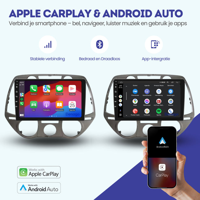 Radio de coche Hyundai i20 CarPlay | 2008 a 2014 | Denago DNG-A83 | 9 pulgadas | Androide 13 | CarPlay inalámbrico y Android Auto