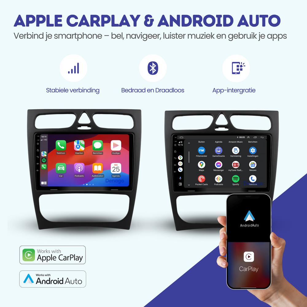 Mercedes Clase C W203 Radio de coche CarPlay | 2000 a 2004 | Denago DNG-A52 | 9 pulgadas | Androide 13 | CarPlay inalámbrico y Android Auto