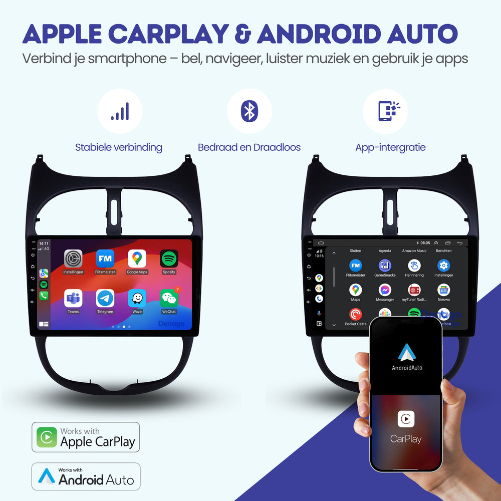 Autoradio CarPlay pour Peugeot 206 (1998-2009) | Denago DNG-A07 | Écran 9 pouces | Android 13 | CarPlay sans fil & Android Auto