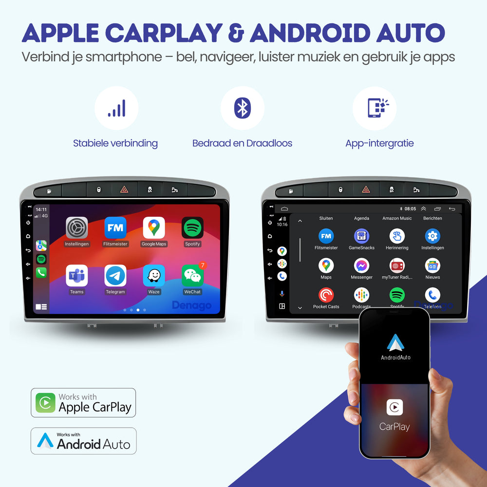 Radio para coche Peugeot 308 y 408 CarPlay | 2007 a 2020 | Denago DNG-A48 | 9 pulgadas | Androide 13 | CarPlay inalámbrico y Android Auto
