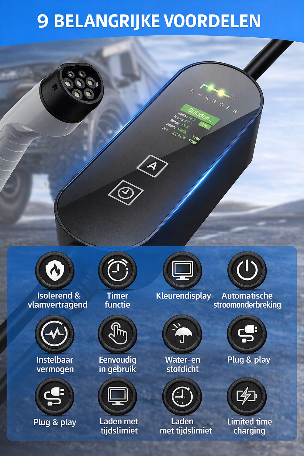 Portable EV Home Charger Type 2 | 3.6 kW | 5m Cable | Schuko Plug | Adjustable Charging Current (8A/10A/13A/16A) | LCD Display | 1-Phase | Water Resistant | Includes Storage Bag | For Electric Cars