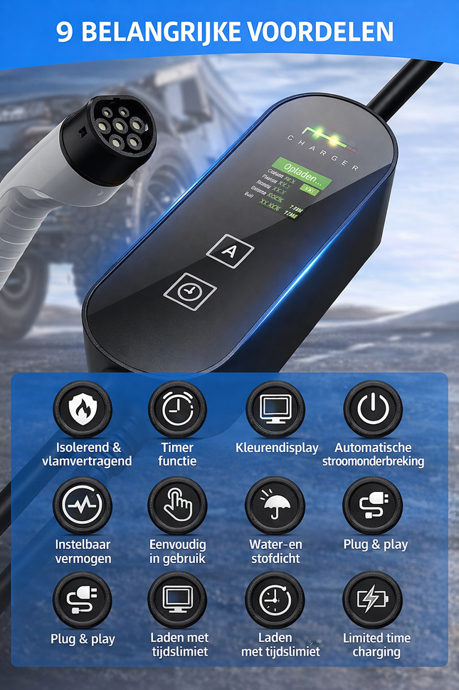 Draagbare EV Thuislader Type 2 | 3,6 kW | 5m Kabel | Schuko Stekker | Instelbare Laadstroom (8A/10A/13A/16A) | LCD Display | 1-Fase | Waterbestendig | Inclusief Opbergtas | Voor Elektrische Auto