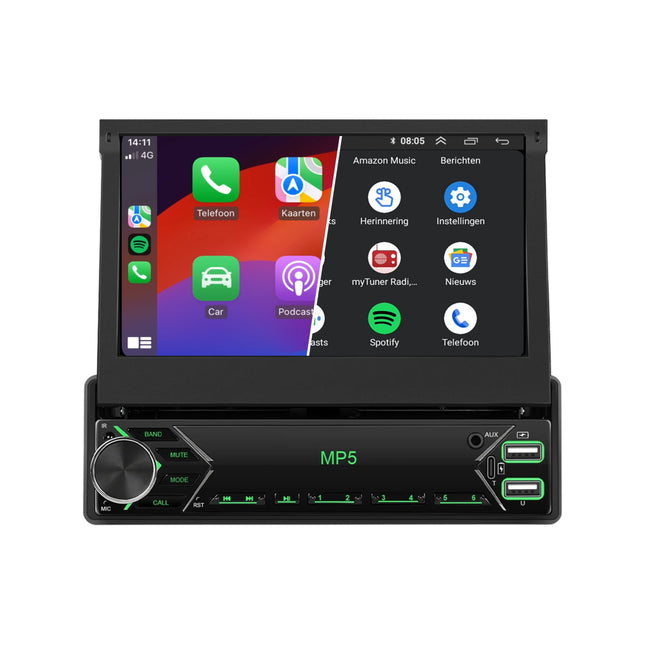Universeel 1 DIN | Klapscherm 7 inch | Draadloos CarPlay & Android Auto | Autoradio