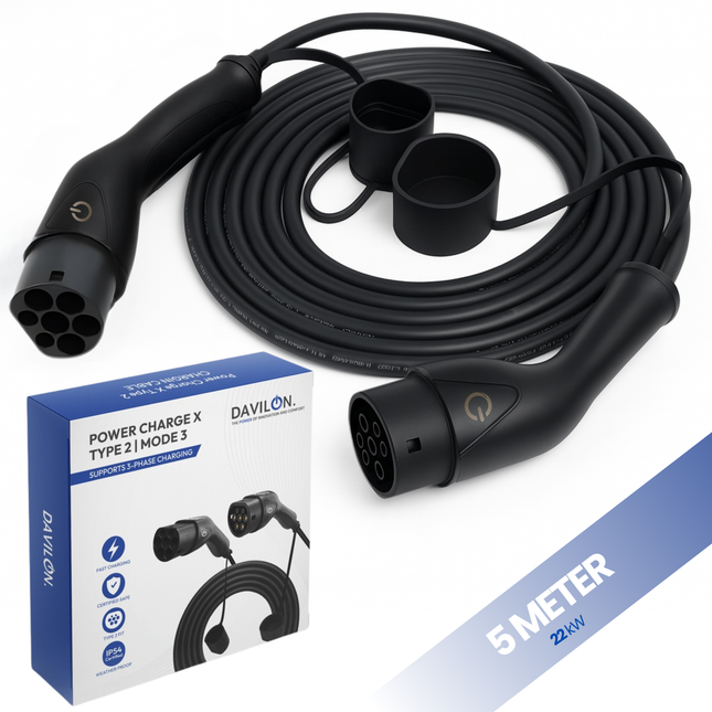 Davilon PowerCharge X – Type 2 naar Type 2 EV-laadkabel – 22 kW – 5 meter