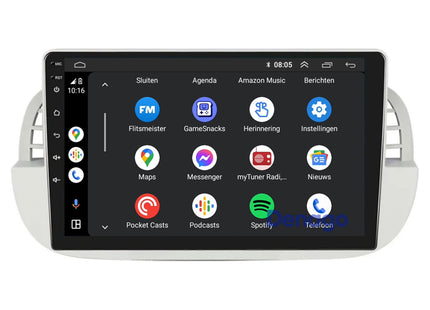 Fiat 500 CarPlay autoradio Wit | 2007 t/m 2015 | Denago DNG-A408 | 9 inch | Android 13 | Draadloos CarPlay & Android Auto