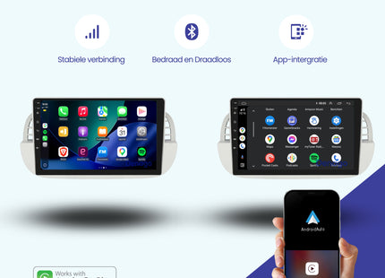 Fiat 500 CarPlay autoradio Wit | 2007 t/m 2015 | Denago DNG-A408 | 9 inch | Android 13 | Draadloos CarPlay & Android Auto